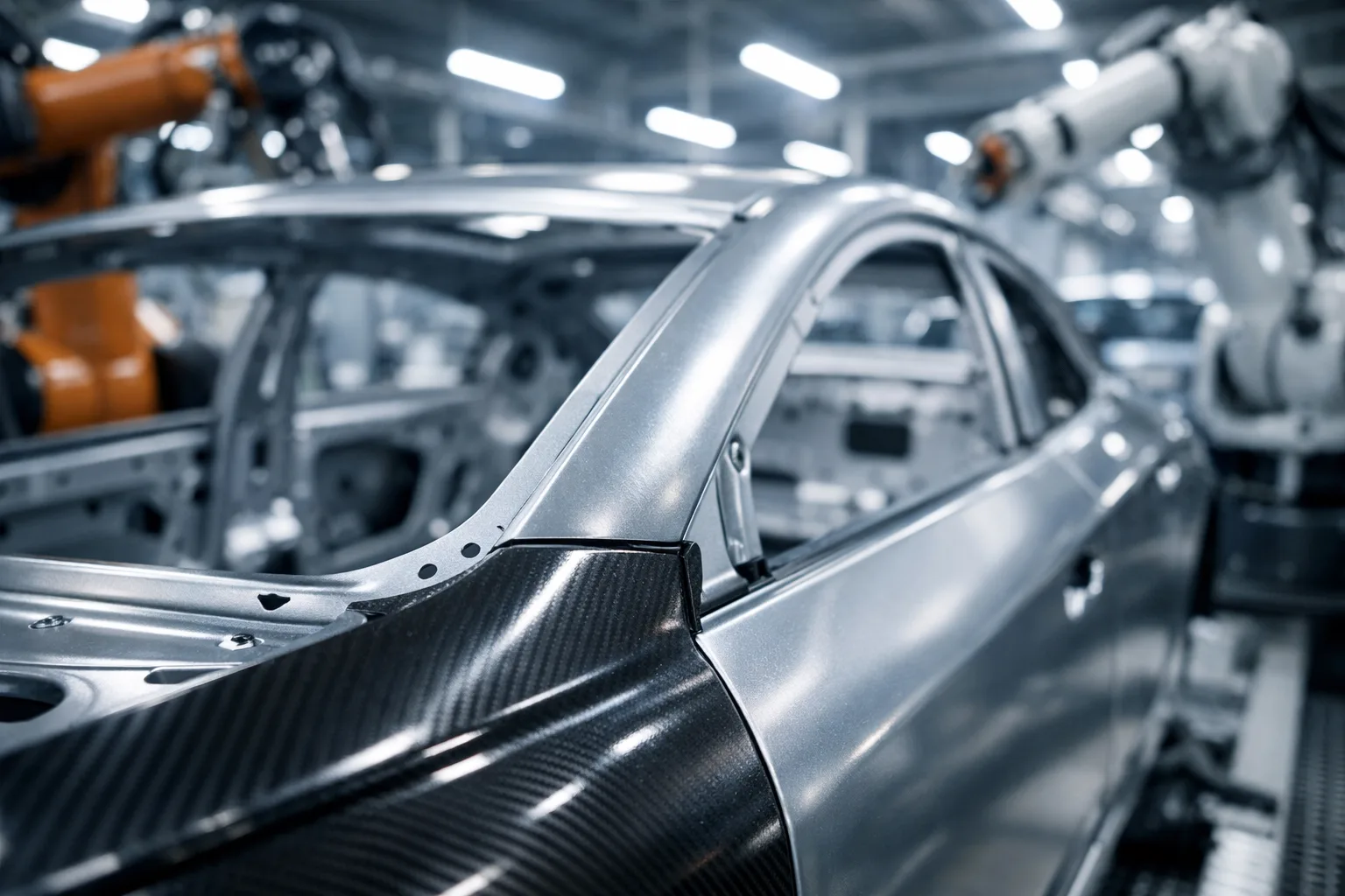 Automotive body-in-white assembly line featuring robots applying structural acrylics, highlighting advanced lightweight materials and secure joints.