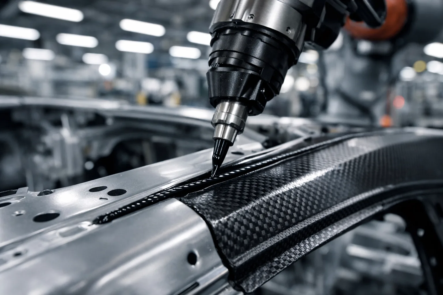 Illustrates industrial robots applying high-modulus adhesive to a vehicle chassis, highlighting precision and integration of advanced materials.