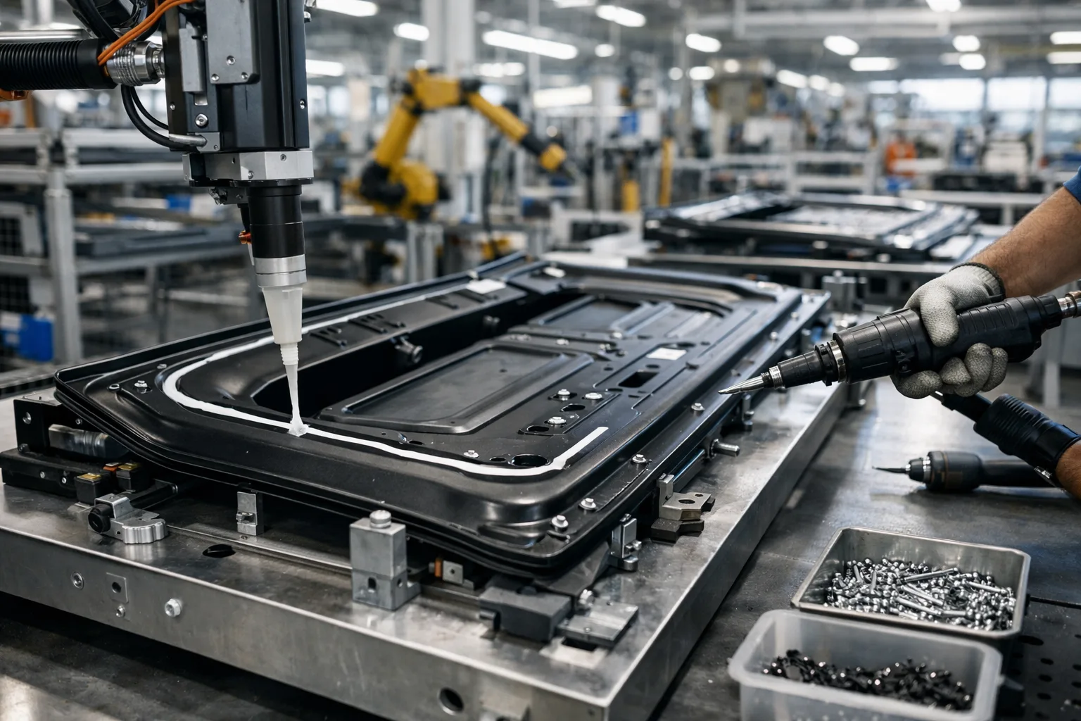 This image illustrates a professional factory environment where composite tailgate panels are assembled, comparing bonding adhesives with traditional mechanical fasteners.