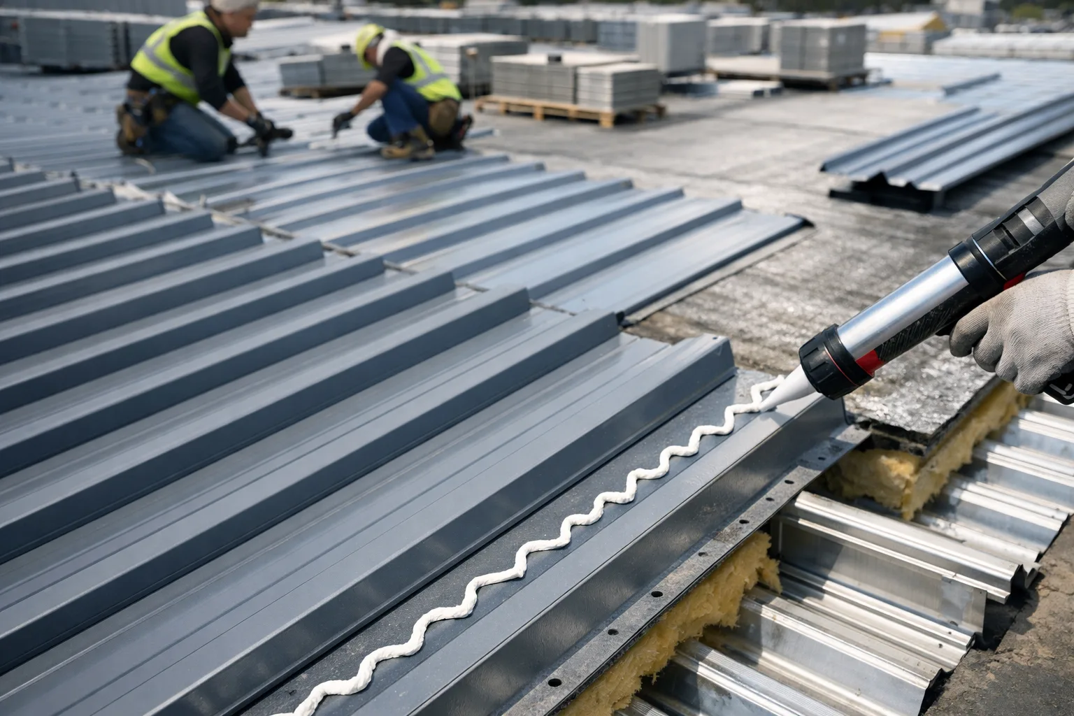 Technicians apply damping adhesive to metal roof panels to control vibration and prevent noise in new construction.