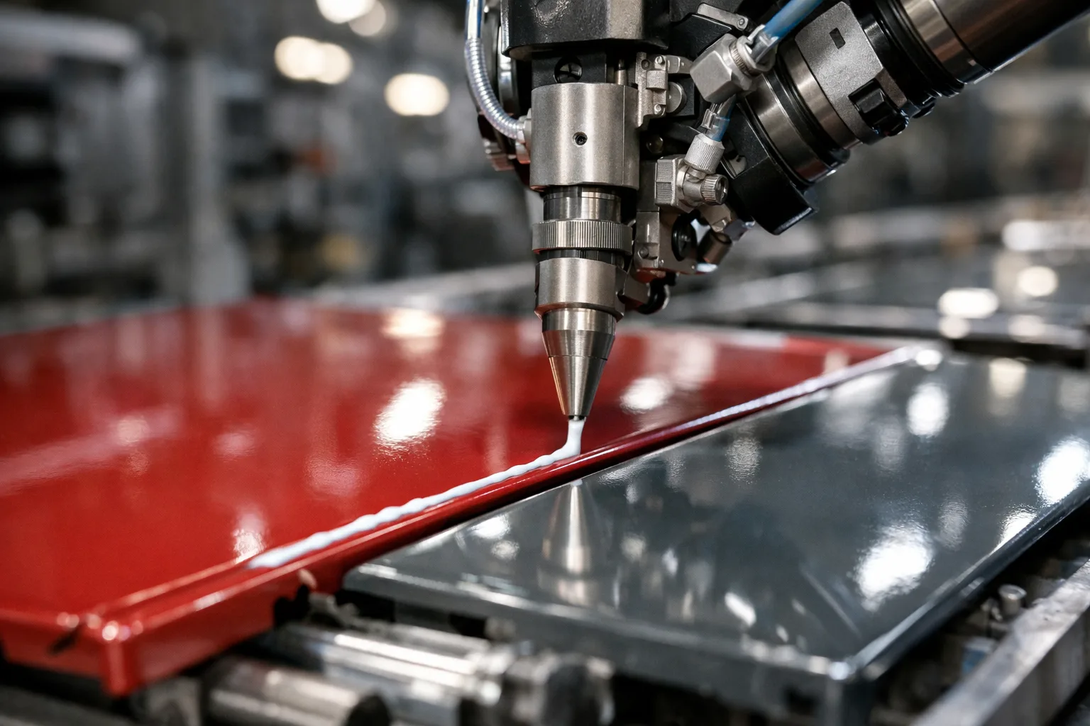A modern factory line using advanced adhesives to bond painted metal panels without a primer, highlighting automation and industrial efficiency.