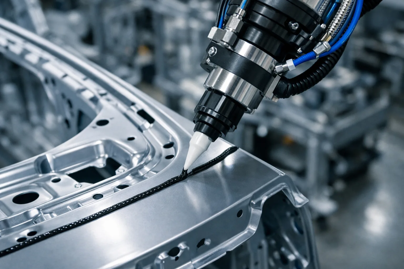 A robotic dispenser applies structural adhesive to an electric vehicle body panel, showing precision and advanced NVH control in a modern assembly plant.