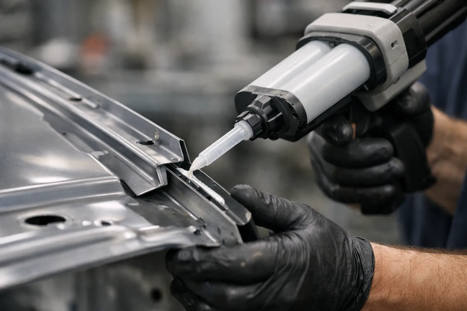 A photo-realistic and professional depiction of the initial application of 2nd Gen Acrylic adhesives on metal panels, representing the start of modern adhesive assembly over traditional riveting.