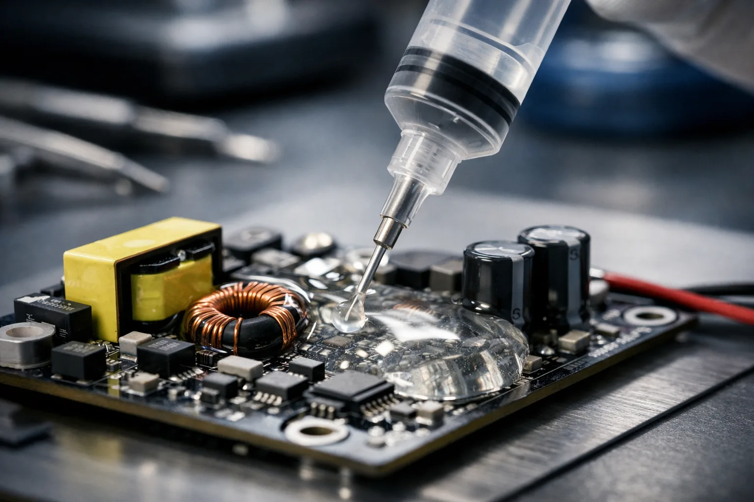 A close-up, professional image showing a clean lab workbench while thermal potting compound is dispensed onto an LED driver board for protection and thermal management.