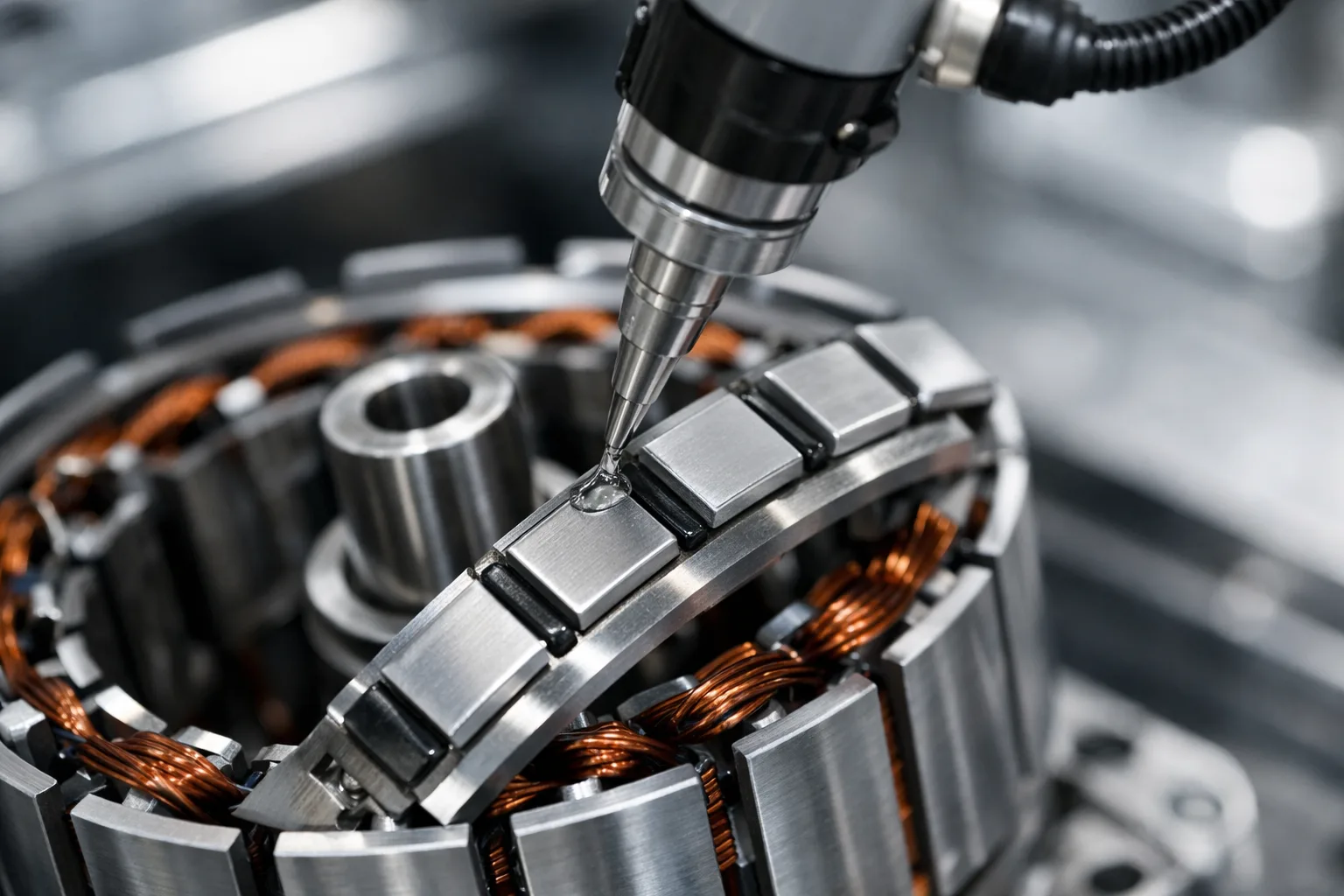 This image shows automated magnet bonding using epoxy adhesive in an EV motor rotor, highlighting the precision needed for high shear strength.