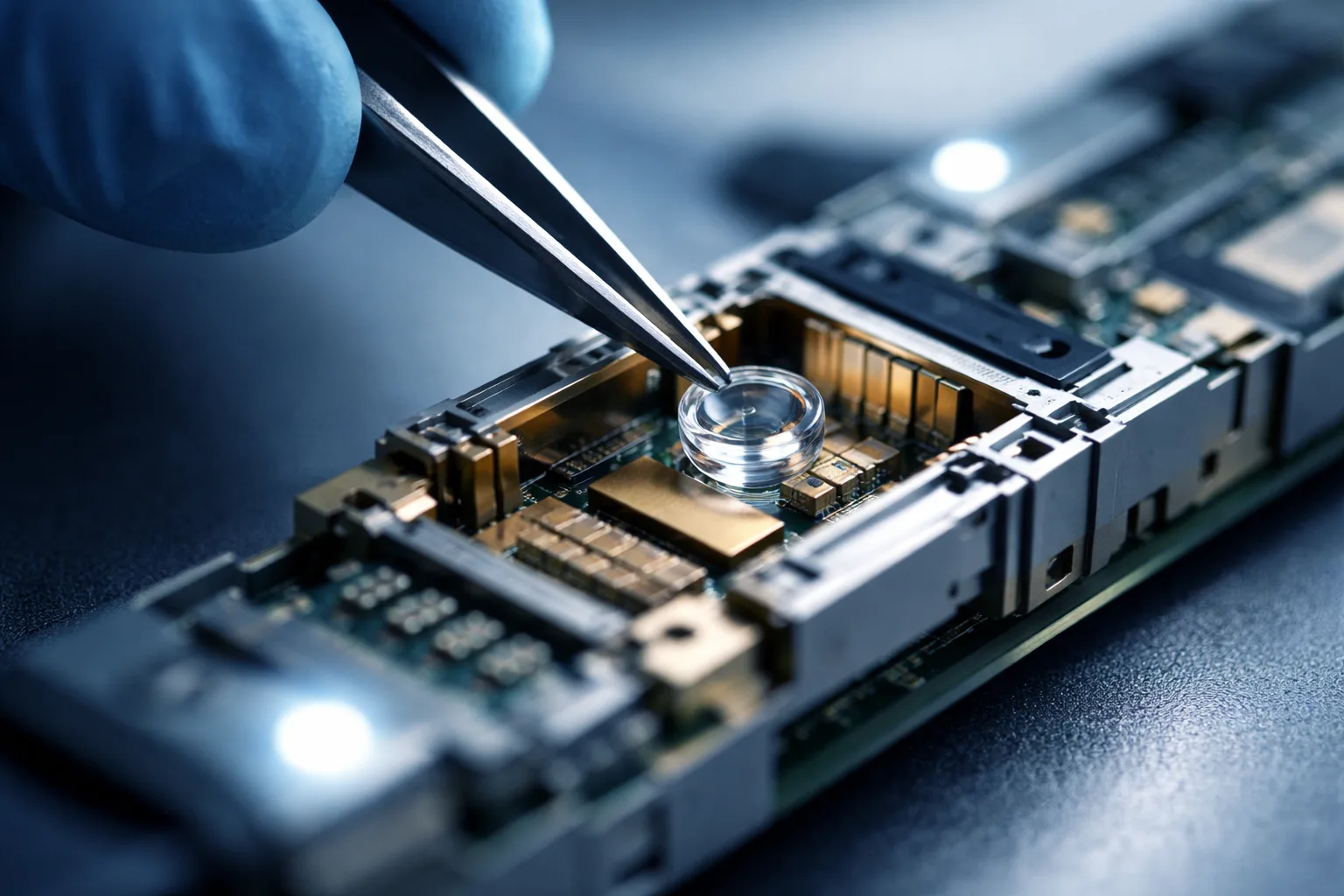 This image captures a technician carefully mounting an optical lens into a high-speed transceiver with meticulous alignment. Cool LED lighting emphasizes the sterile, high-tech manufacturing environment.