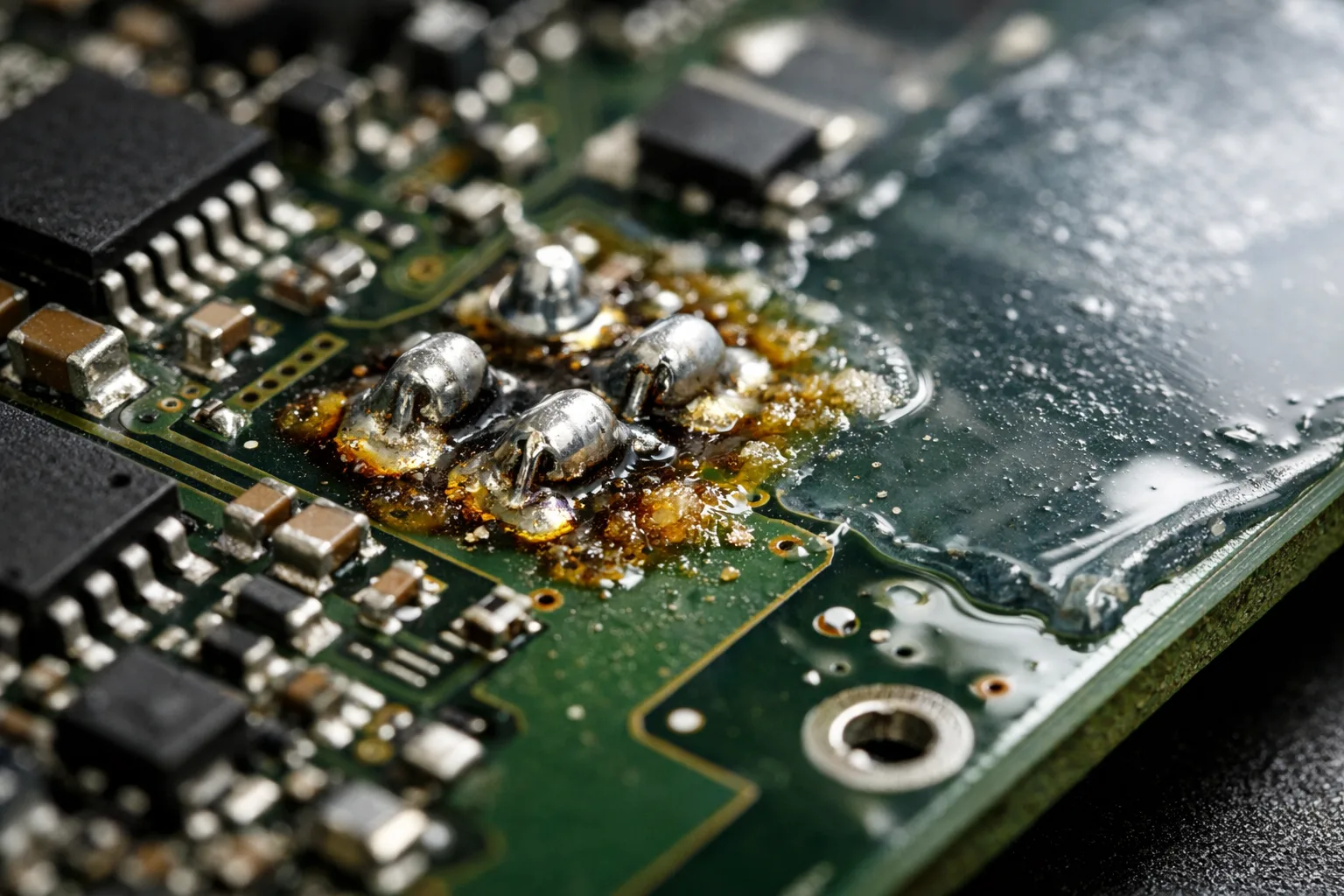 This image demonstrates the presence of flux residues on a printed circuit board before adequate cleaning, emphasizing their impact on subsequent coating adhesion.