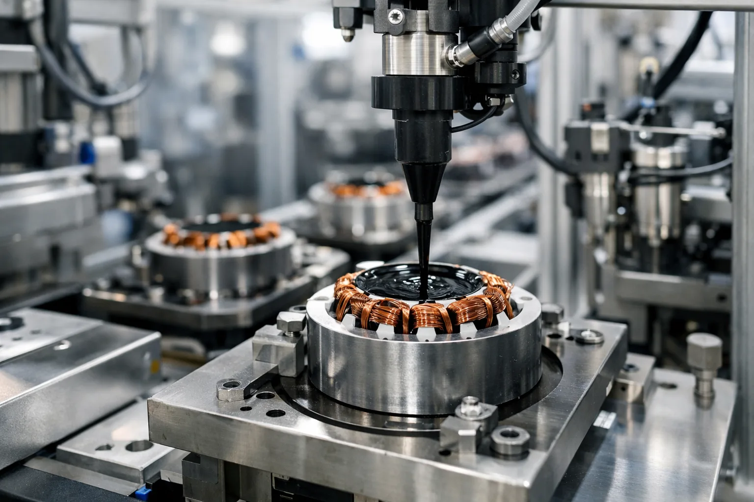 This image shows a manufacturing line where electric motor stators are being encapsulated to enhance heat dissipation, highlighting the precision and cleanliness required for optimal thermal management.