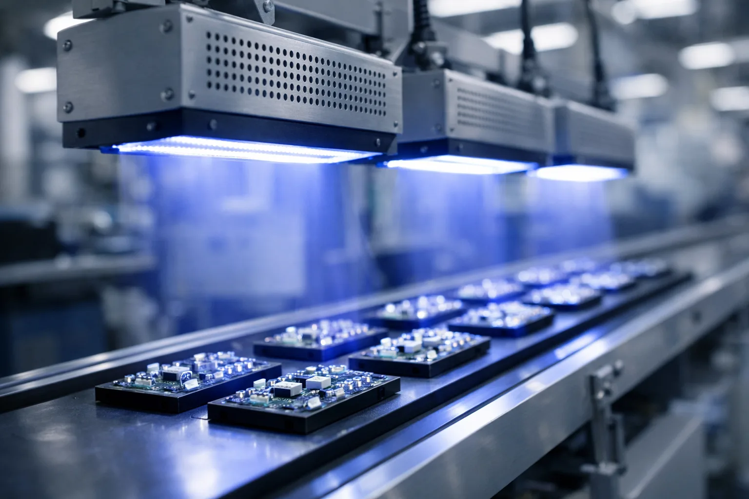 A professional manufacturing setting showing a UV curing conveyor with parts exposed to precisely controlled UV dosage for adhesive curing.