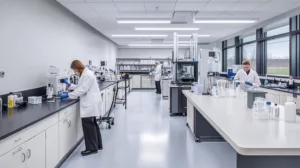 Scientists working on the adhesive formulation process in a lab