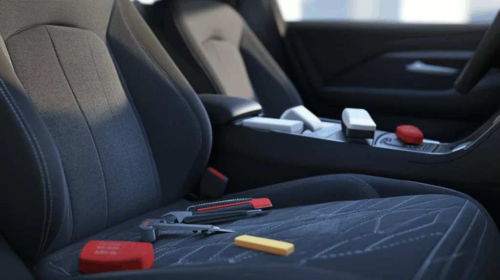 Car roof liner glue concept showing sagging headliner and tools