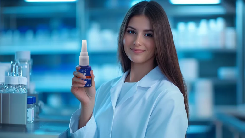 Customer holding sample of cyanoacrylate glue with industrial background