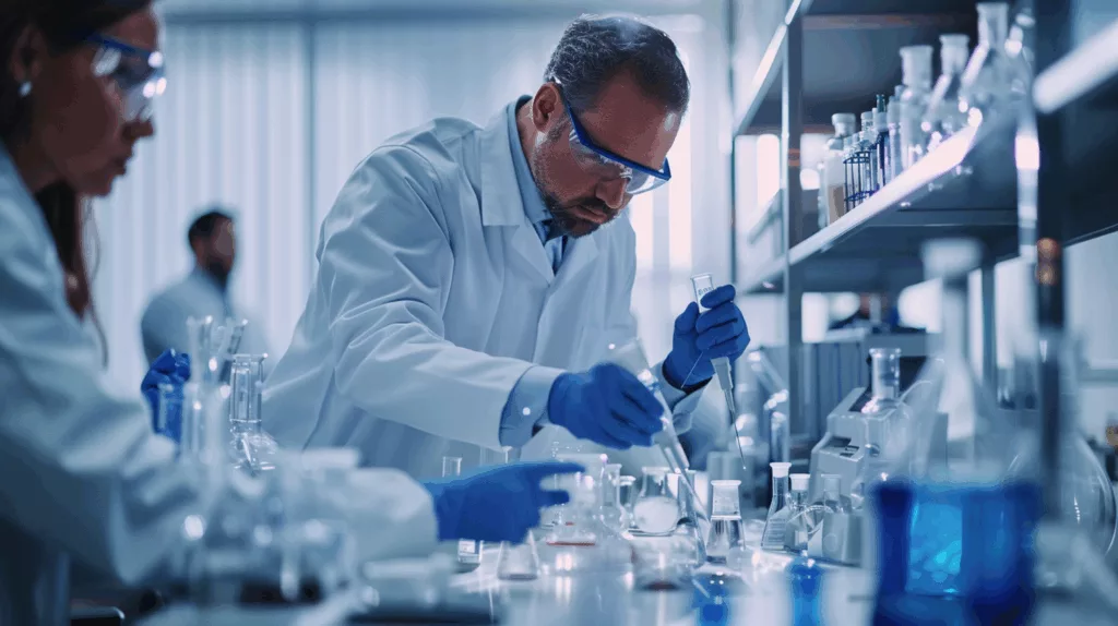 Technicians testing custom adhesive formulation in lab
