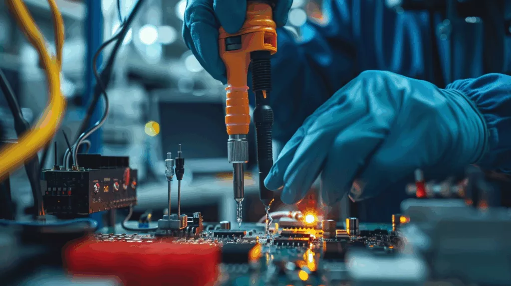 Factory worker applying cyanoacrylate to circuit components