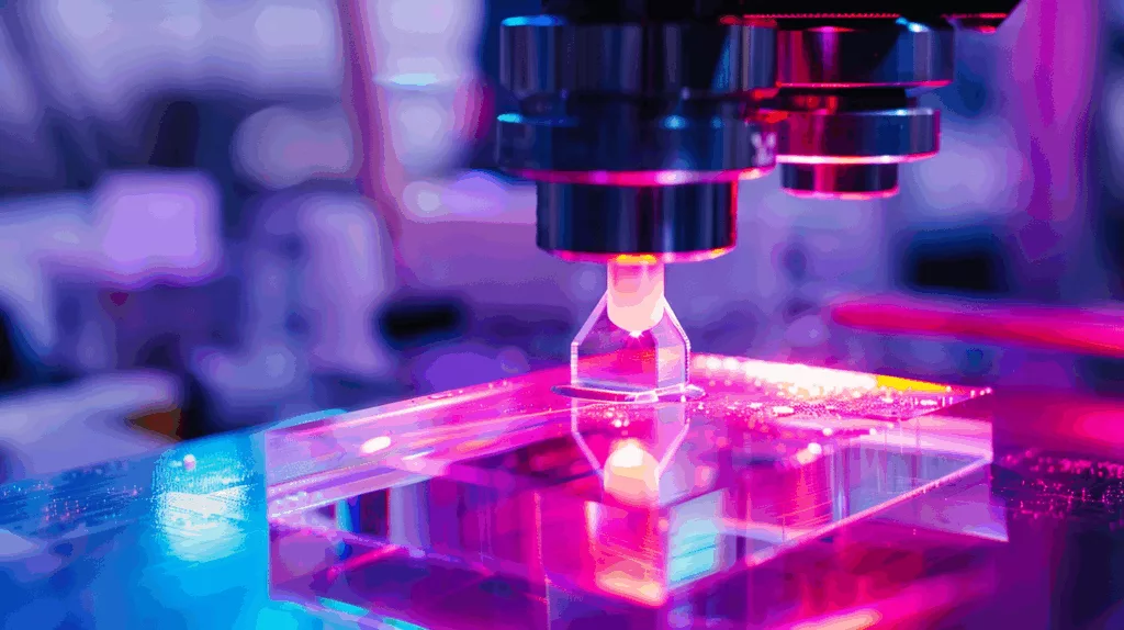 UV light adhesive curing process showing transparent glue activated by UV light