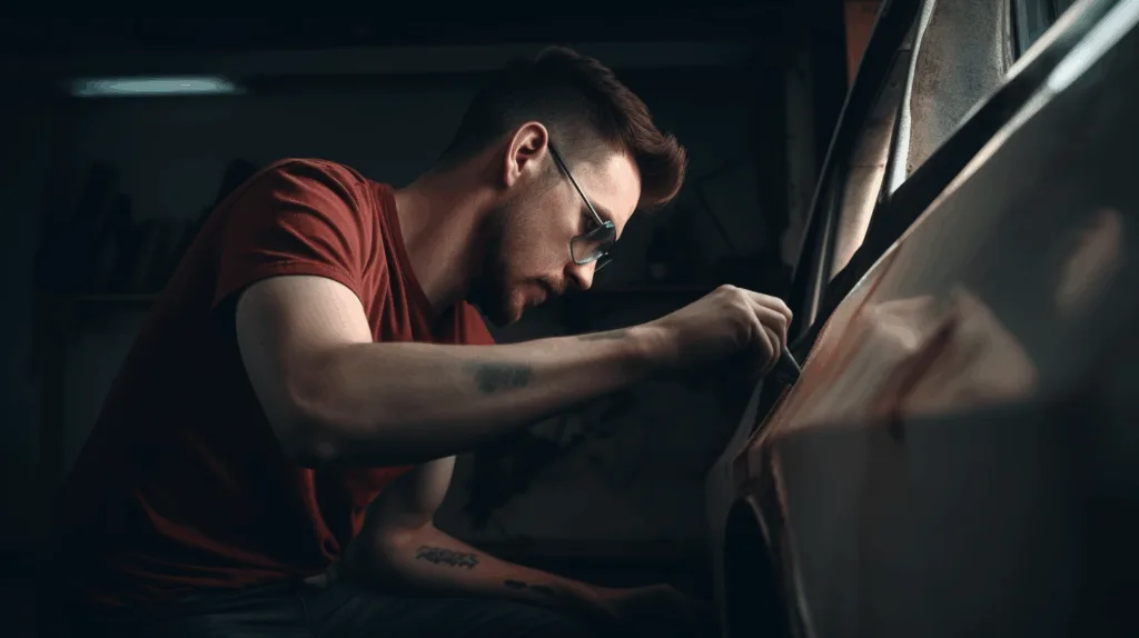 Applying epoxy adhesive on a cracked bumper during DIY car repair