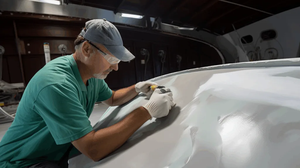 Close-up of epoxy adhesive bonding fiberglass parts in marine setting