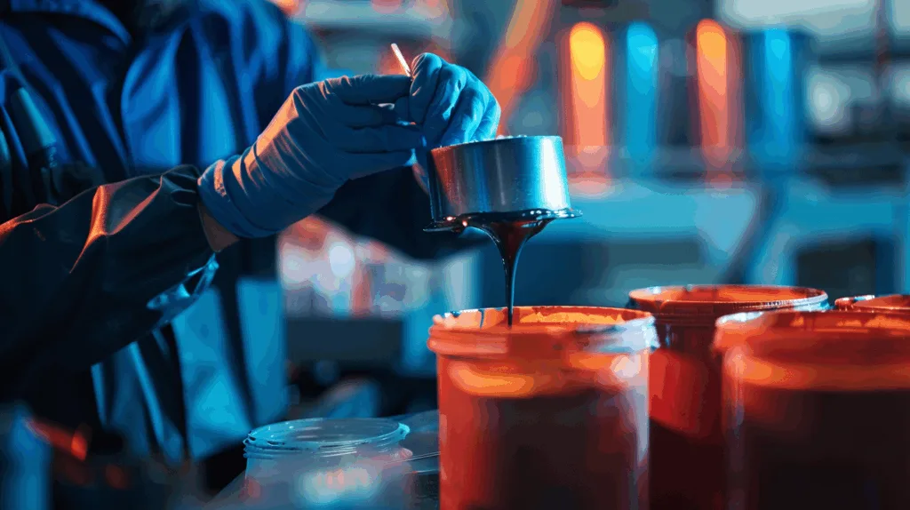 Worker using high strength epoxy adhesive on metal components