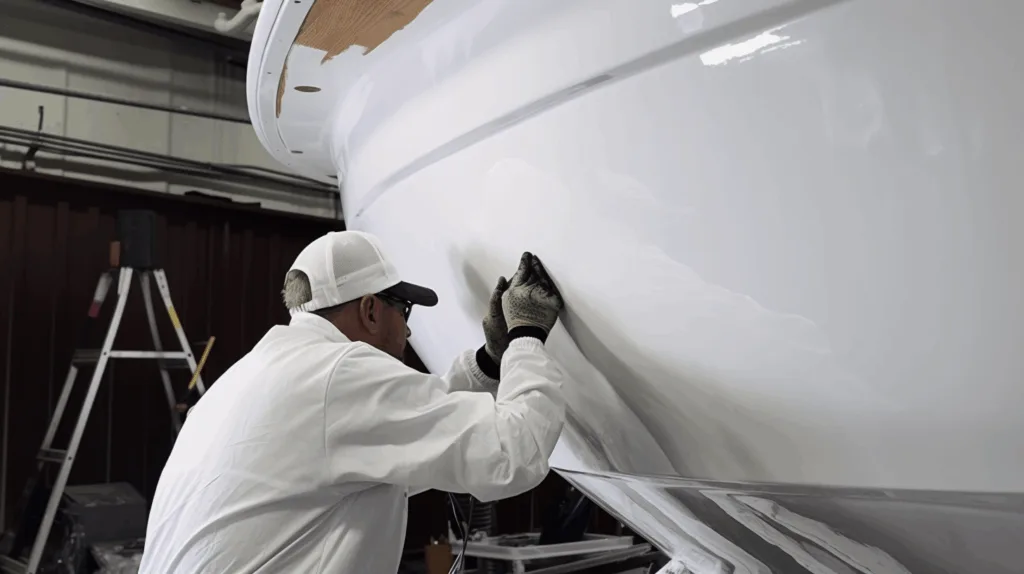 Overview of fiberglass boat showing common marine adhesive application areas