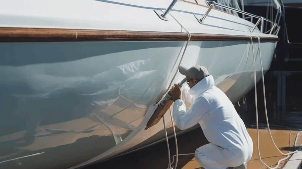 Applying MS polymer marine sealant to fiberglass boat surface