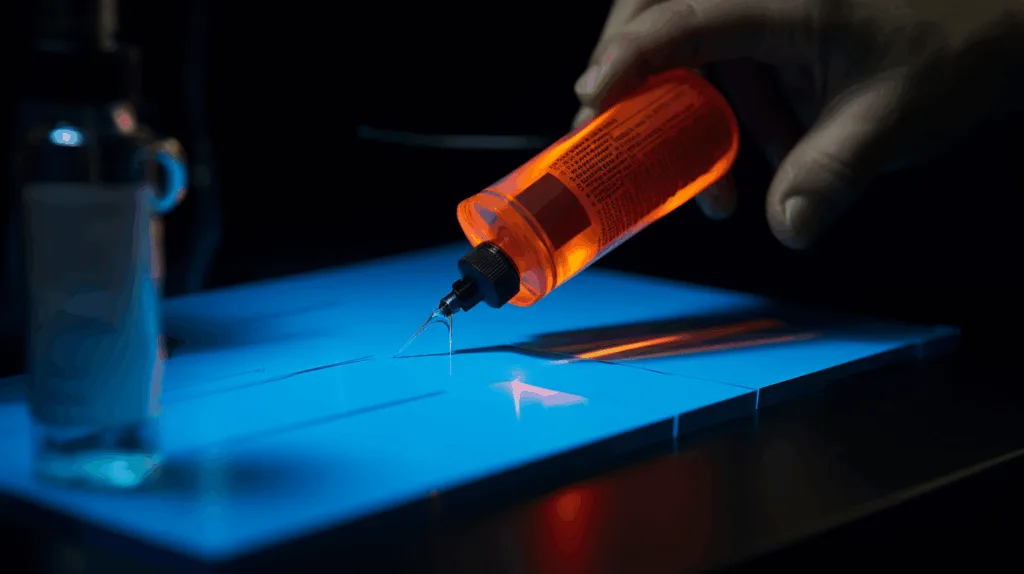 Applying UV glue to a glass surface with curing light