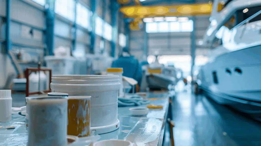 A professional marine workshop scene showing different types of adhesives (epoxy, polyurethane, silicone) with a boat in the background, tools neatly placed on a workbench, clear blue lighting, technical atmosphere.