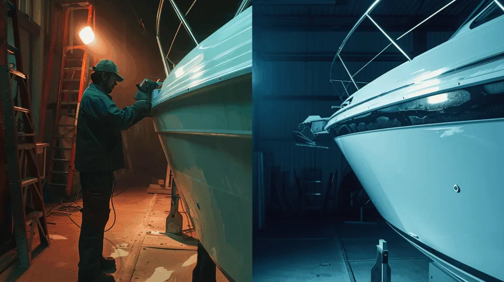 A split-scene comparison showing a boat repair worker using marine epoxy on fiberglass and polyurethane adhesive on a deck seam, highlighting the contrast between the two adhesives.