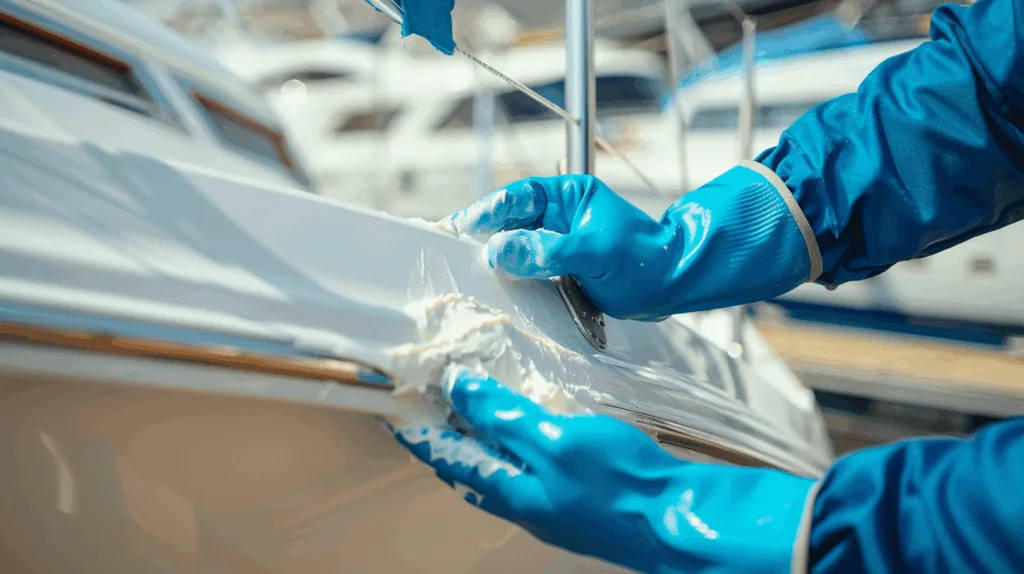 Close-up of a technician repairing a fiberglass boat hull with epoxy putty, gloves on, precise application, ocean marina in background, realistic professional photography style.