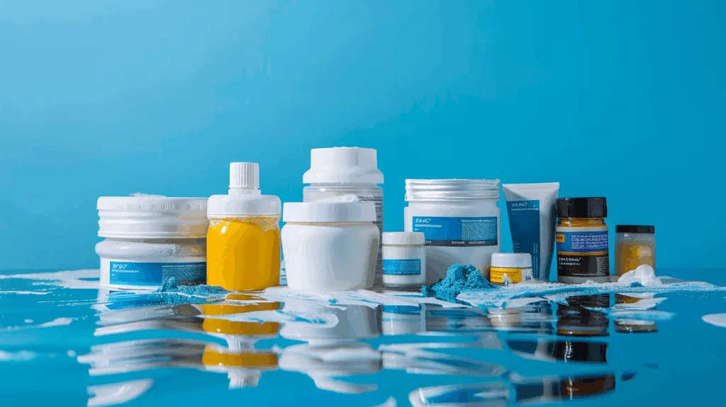 Clean product lineup showcase with ZDS™ adhesive packaging (epoxy gel, repair putty, polyurethane, clear coating), placed on reflective surface, marine blue gradient background, professional product photography.