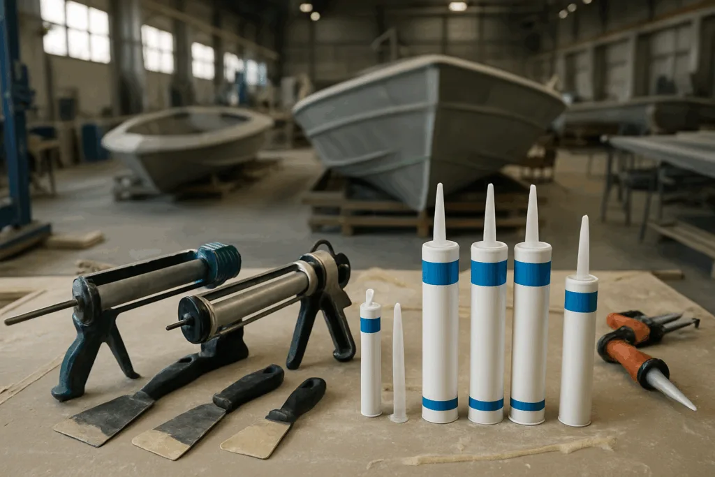 A bustling marine assembly workspace with applicators, mixing equipment, spatulas, and ZDS adhesive containers used in boat hull construction.