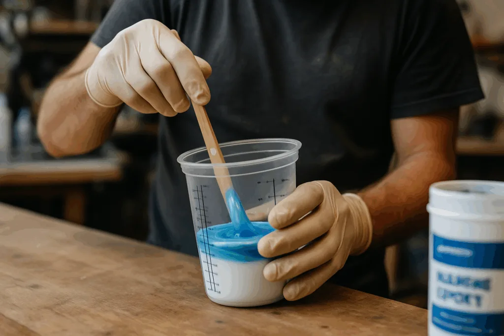 A technician mixing two-component marine adhesive in a workshop setting, ensuring proper ratios for effective application.