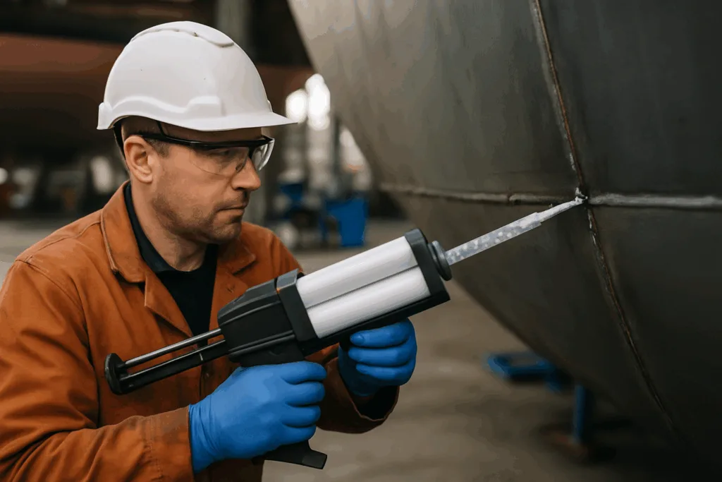 A shipyard worker applies ZDS two-part marine adhesive with precision equipment, improving workflow and bond performance.