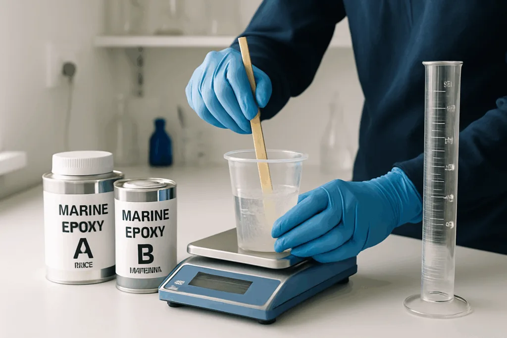 Professional lab setup showing the accurate mixing process for marine epoxy adhesives before durability testing.