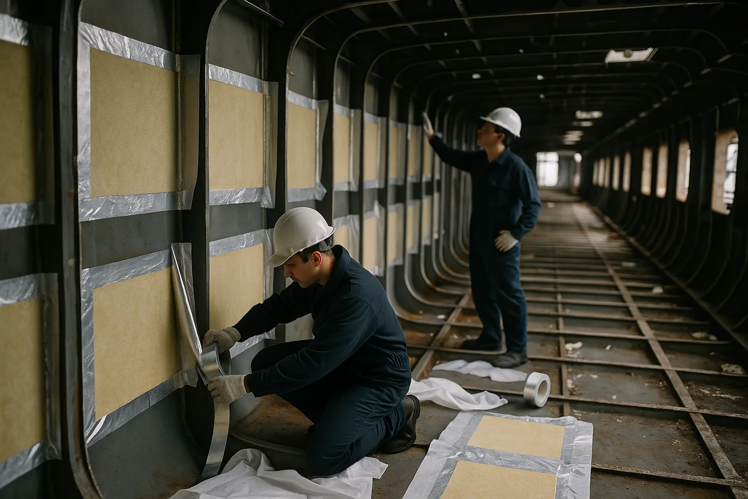 Technicians install tape and film adhesives for bulkhead and insulation during shipbuilding.