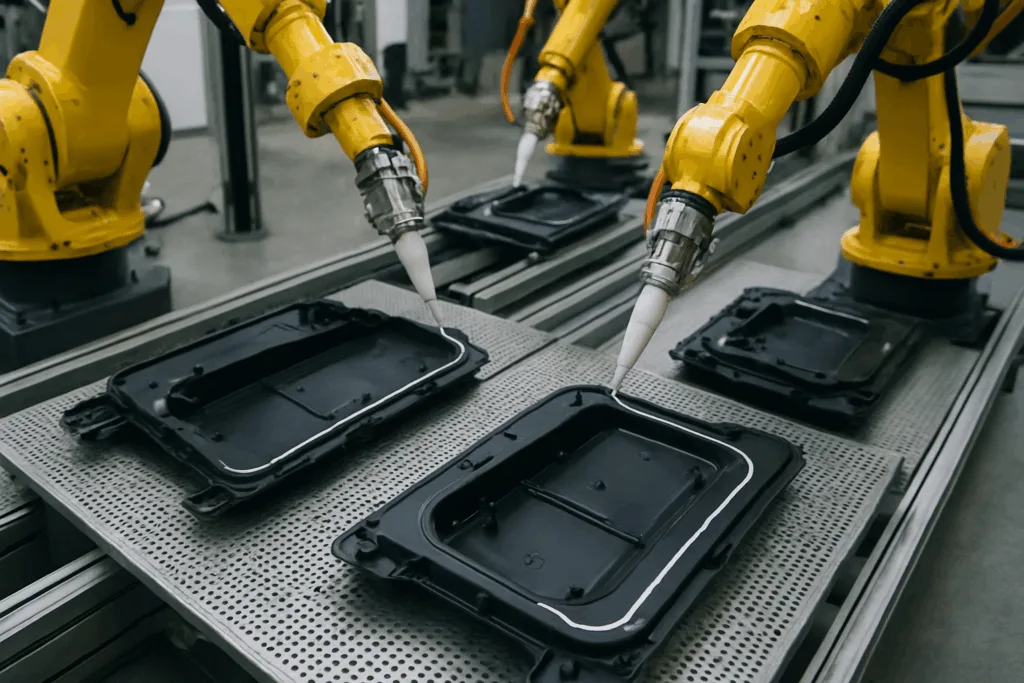 A modern assembly line uses robotic arms to dispense two-part acrylic adhesive on PP and PE plastic components for automotive bonding.
