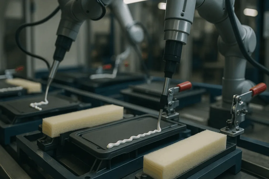 An assembly line with robotic equipment accurately dispensing polyurethane adhesives, highlighting efficient processing for mass production.