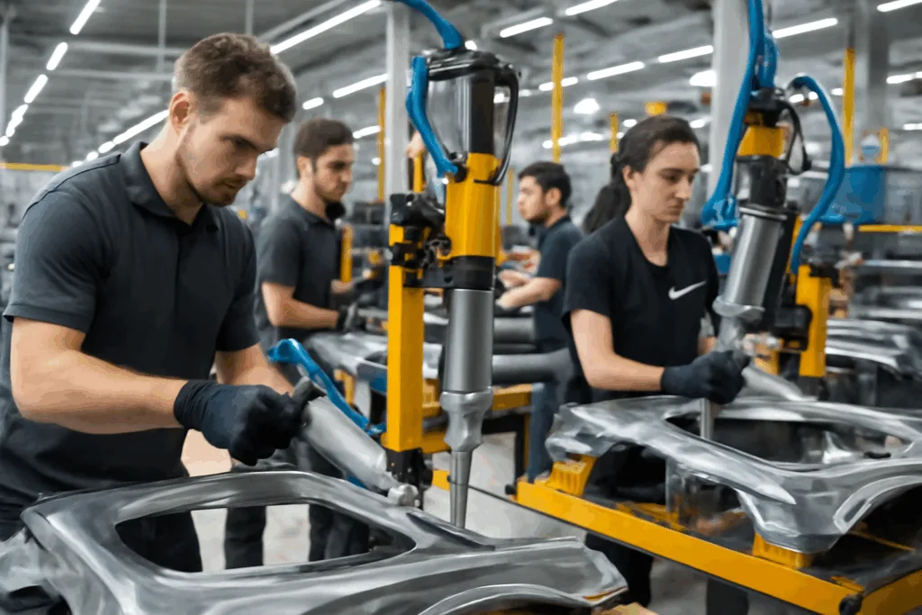 Automotive workers apply adhesive to body panels with automated dispensers, showcasing modern industrial metal bonding.