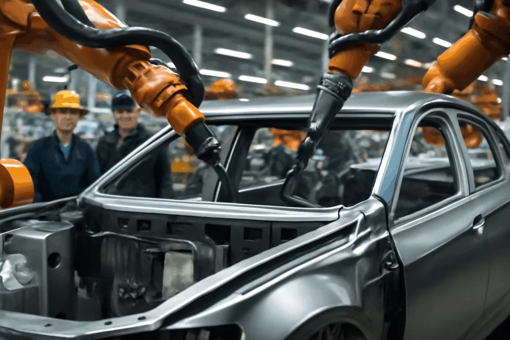 An automotive factory scene showing robots applying adhesives to car frames, highlighting efficient and automated industrial assembly.