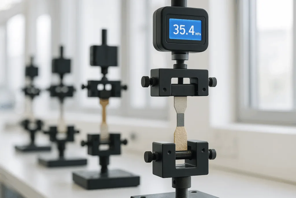 This image depicts the mechanical evaluation of epoxy bonded joints, emphasizing industrial standards for lap shear and tensile testing of adhesives.