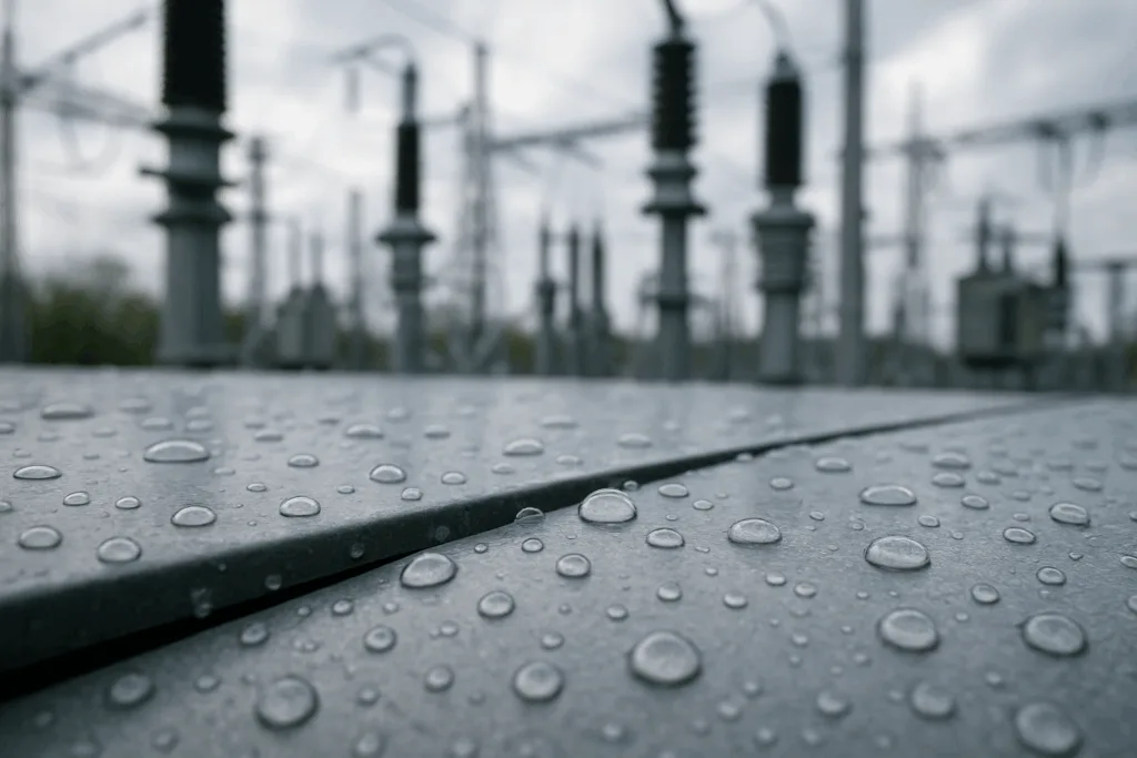 A detailed view of water droplets beading on a robust adhesive joint, highlighting moisture resistance in outdoor power facility applications.