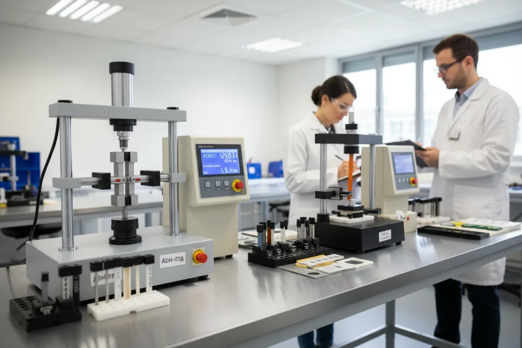 Quality control lab showing force tests and technicians evaluating the durability of adhesive joints.