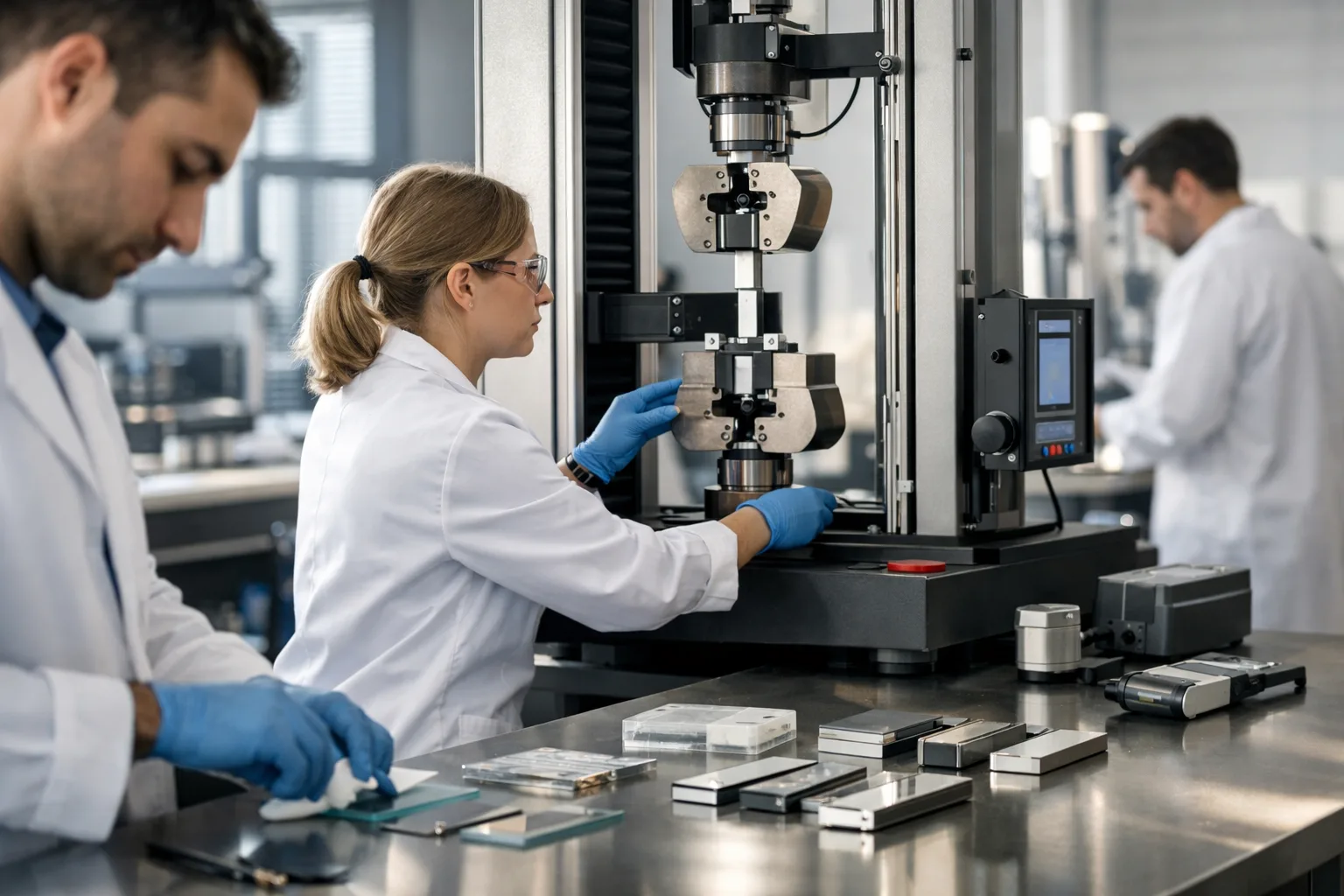Strength testing of UV and epoxy adhesives on metal and glass using industry-standard methods in a modern lab setting.