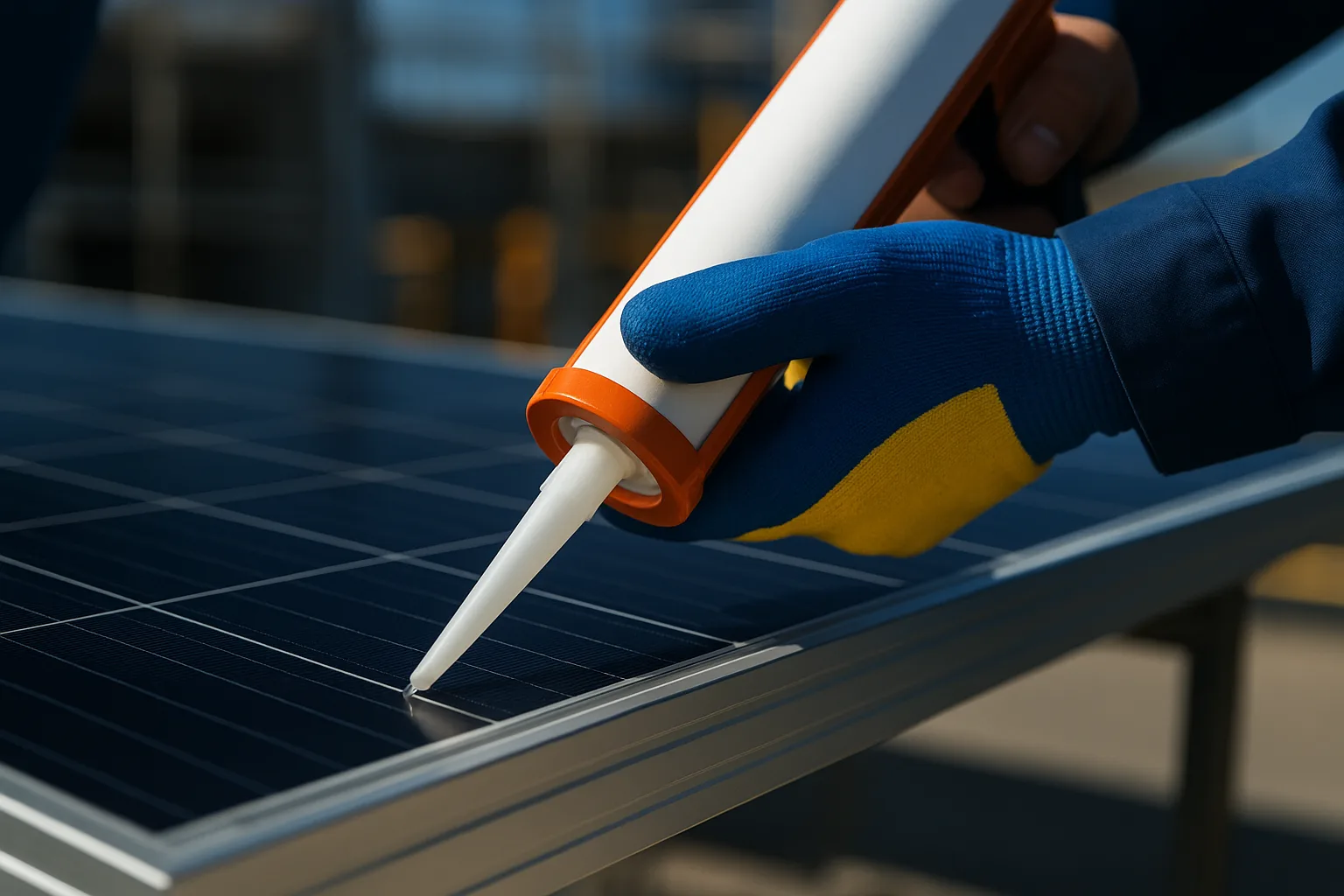 A technician applies silicone adhesive to a solar panel, ensuring weather resistance and structural stability in renewable energy installations.