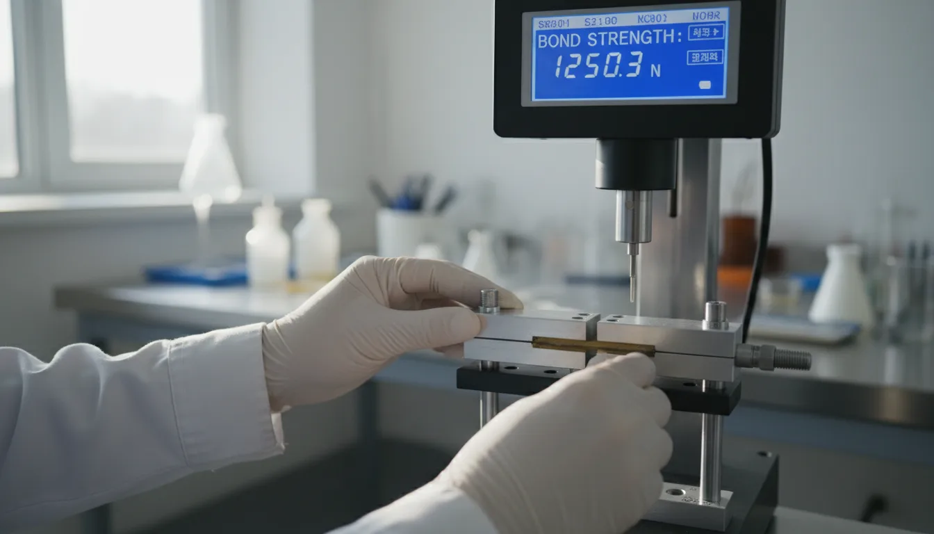 A technician verifies adhesive performance through standardized mechanical tests in a controlled lab setting.