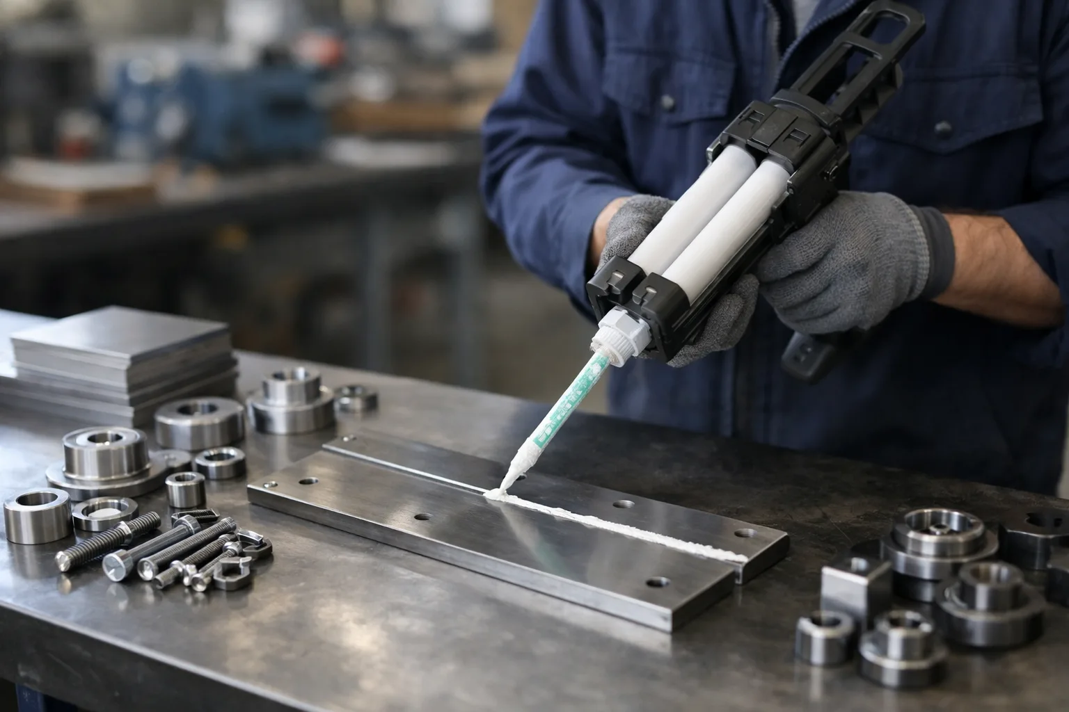 A process specialist applies adhesive to metal joints using precision dispensing tools, readying components for industrial assembly.