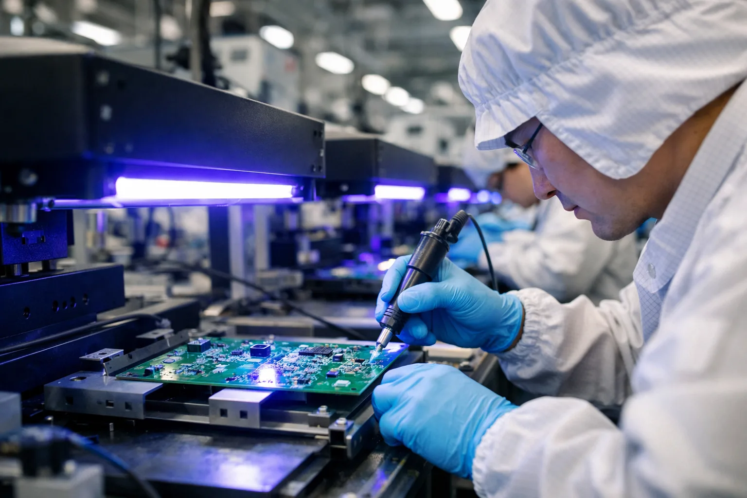 A technician uses UV adhesive in a bright factory to assemble electronic PCBs with precise placement.