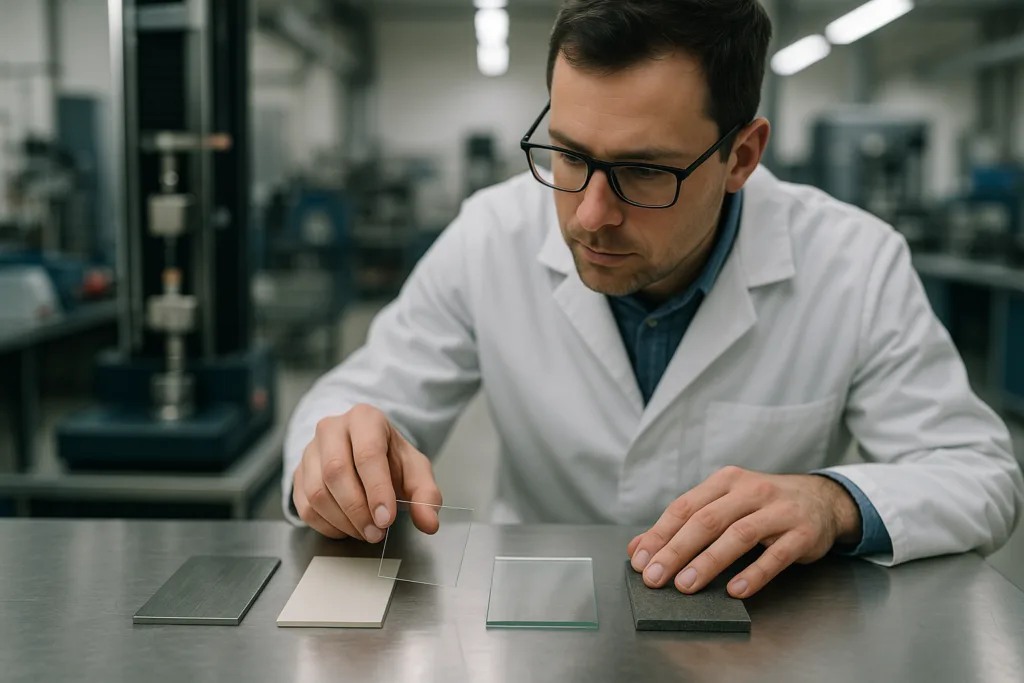 An engineer assesses different materials like metal, plastic, and glass as part of the adhesive selection process, suitable for illustrating the fundamentals of adhesive choice.