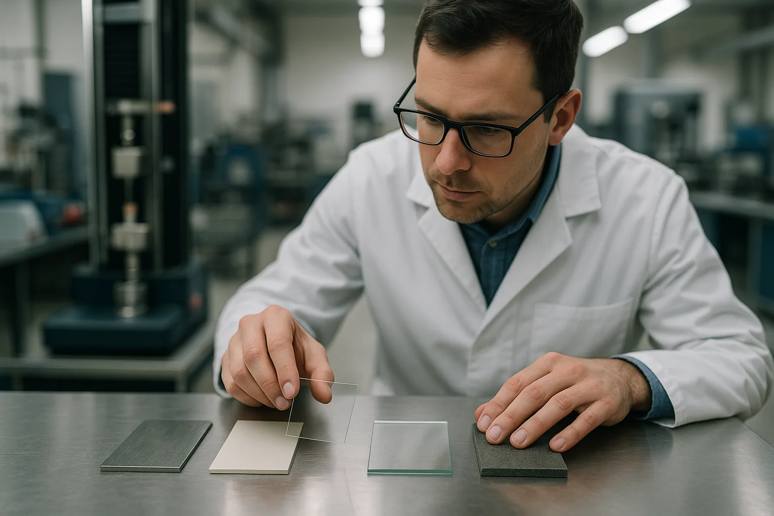 An engineer assesses different materials like metal, plastic, and glass as part of the adhesive selection process, suitable for illustrating the fundamentals of adhesive choice.