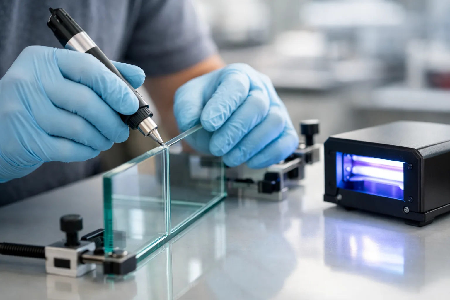 A procedural view of bonding two glass sheets with precise adhesive application and setup for UV light curing in an industrial lab.
