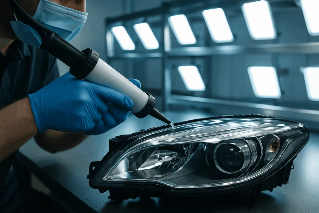 A detailed scene of a worker joining headlamp parts with a UV-curable adhesive, ensuring a snug, watertight fit.